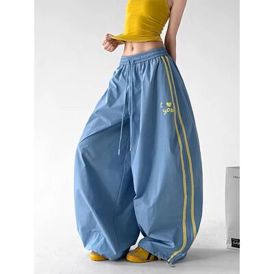 ZHIZOU Women Blue Baggy Letter Print Sweatpants Oversize Dan
