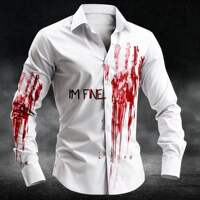 2025 Halloween Men's Letter Printed Blood Stains Shirt Butto thumbnail 7