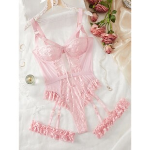 Set Floral Women Choker With Lingerie Garter Lace Red 2pcs