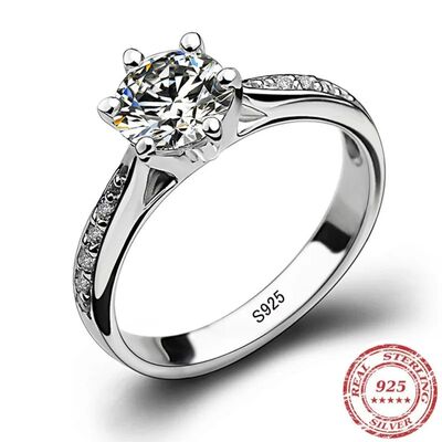 Luxury 925 Sterling Silver Classic Ring for Women Six claw j