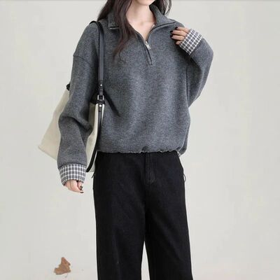 Women Autumn Winter Half Zip Stand Collar Sweatshirt Loose P