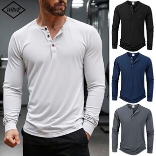 Shirt Autumn Henley Neck Sleeve Long Men Button