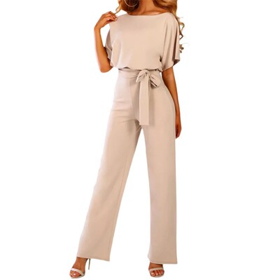 Women Jumpsuits Elegant Solid Color Flare Short Sleeve Waist