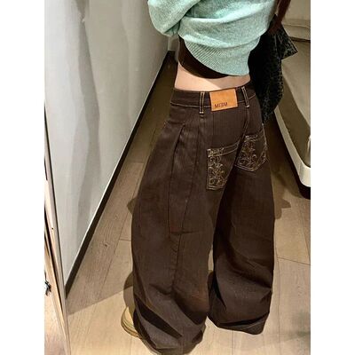 ZHIZOU American Pattern Embroidery Baggy Brown Jeans Women H