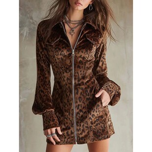 Mini Dress Long Retro Slee Lapel Suede Print Fashion Leopard