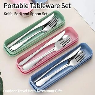 Steel Portable Cutlery Tableware Mirror Stainless Set 3pcs