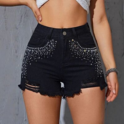 Shorts Women Straight Jeans Short Pants Diamonds Distressed