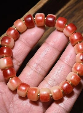 天然骆驼骨高密度老型桶珠单圈情侣款藏传民族风原创设计红色手串