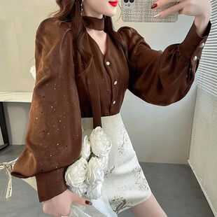 秋装高级感独特别致小上衣时髦亮片泡泡袖小衫显瘦系带挂脖衬衫女