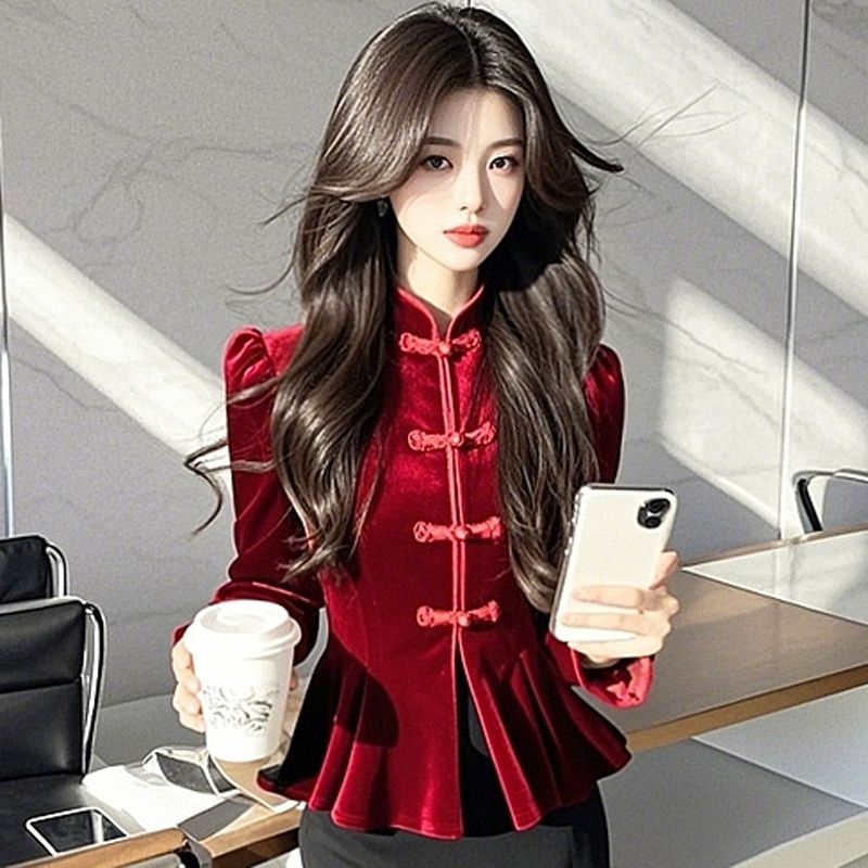 冬季新中式修身法式掐腰上衣