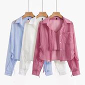女设计感小众2023新款 薄款 夏装 长袖 防晒衬衣 宽松抽绳短款 冠幂衬衫