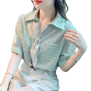 条纹雪纺衬衫女夏季2023新款短袖领结设计感别致气质宽松时尚上衣