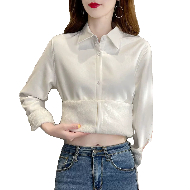 纯色加厚保暖衬衣女2023秋冬季韩版宽松文艺加绒打底洋气衬衫上衣