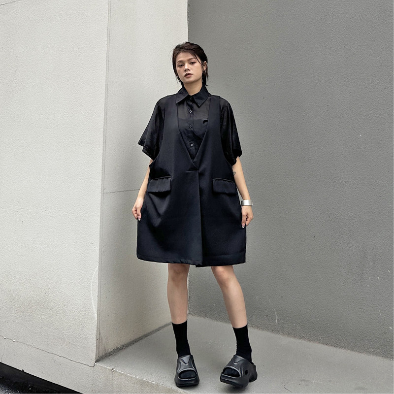 暗黑风衬衫拼接西装连衣裙女