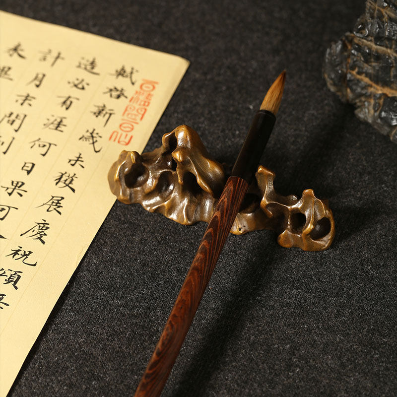 皇家园林太湖石笔搁镇纸镇尺书法黄铜 青铜实心毛笔山笔架 创意