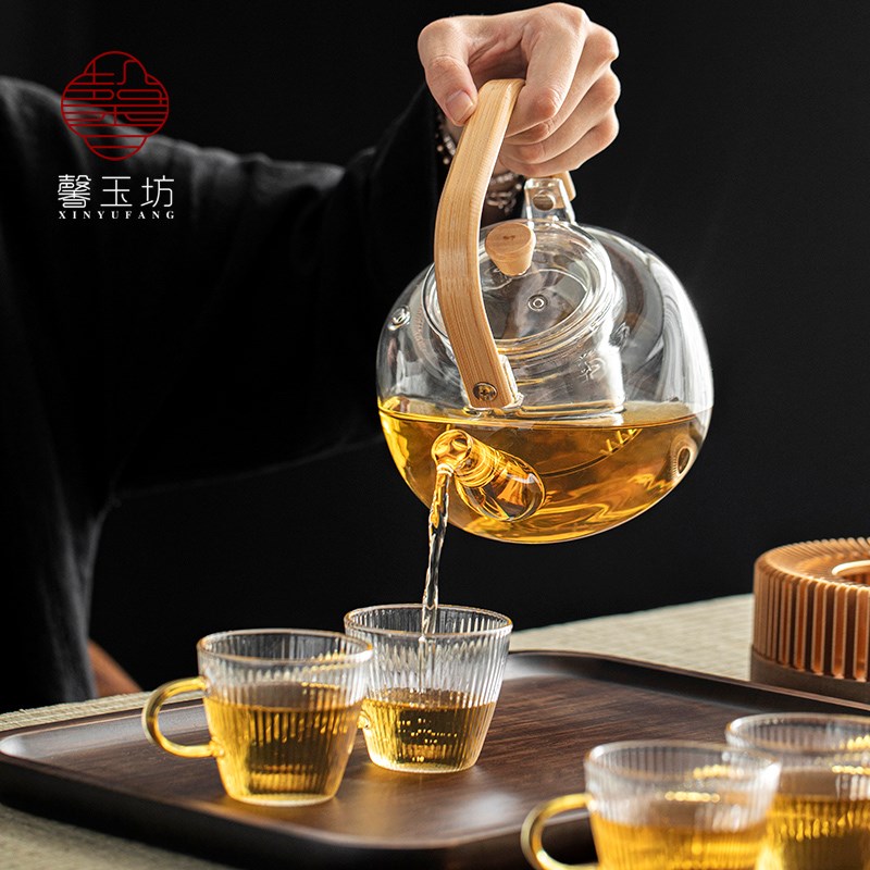 轻奢花茶壶温茶炉套装耐热玻璃提梁壶蜡烛加热底座茶杯托盘整套