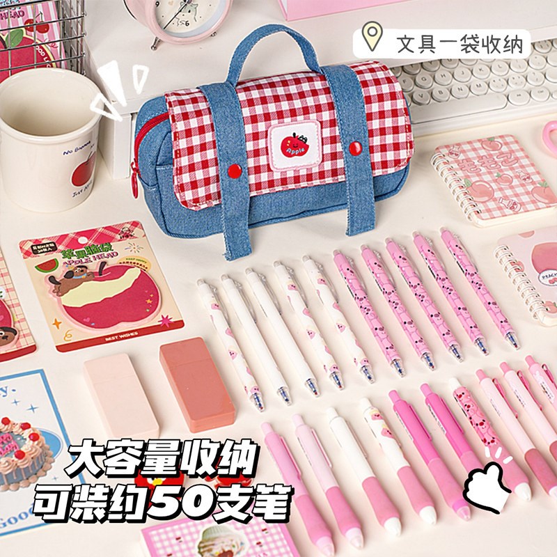 学院风格子牛仔初中生笔袋女生2026新款大容量文具盒小学生女孩铅