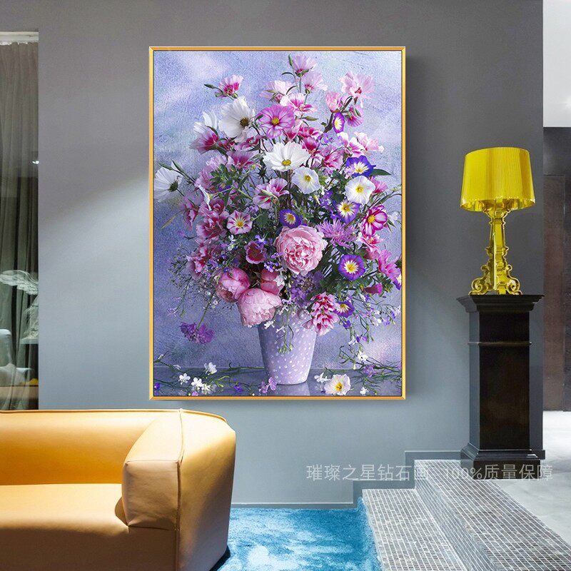 满钻2021新款钻石画餐厅花卉5d点贴钻十字绣客厅紫色花瓶卧室小幅