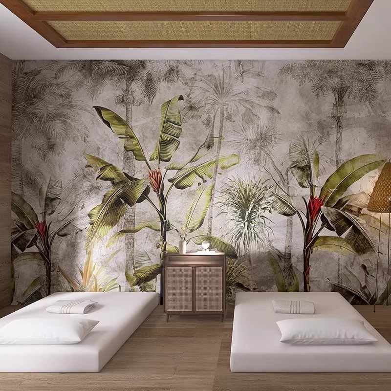 绿色热带雨林植物墙纸复古南洋风壁纸墙布东南亚风情酒店餐厅壁画