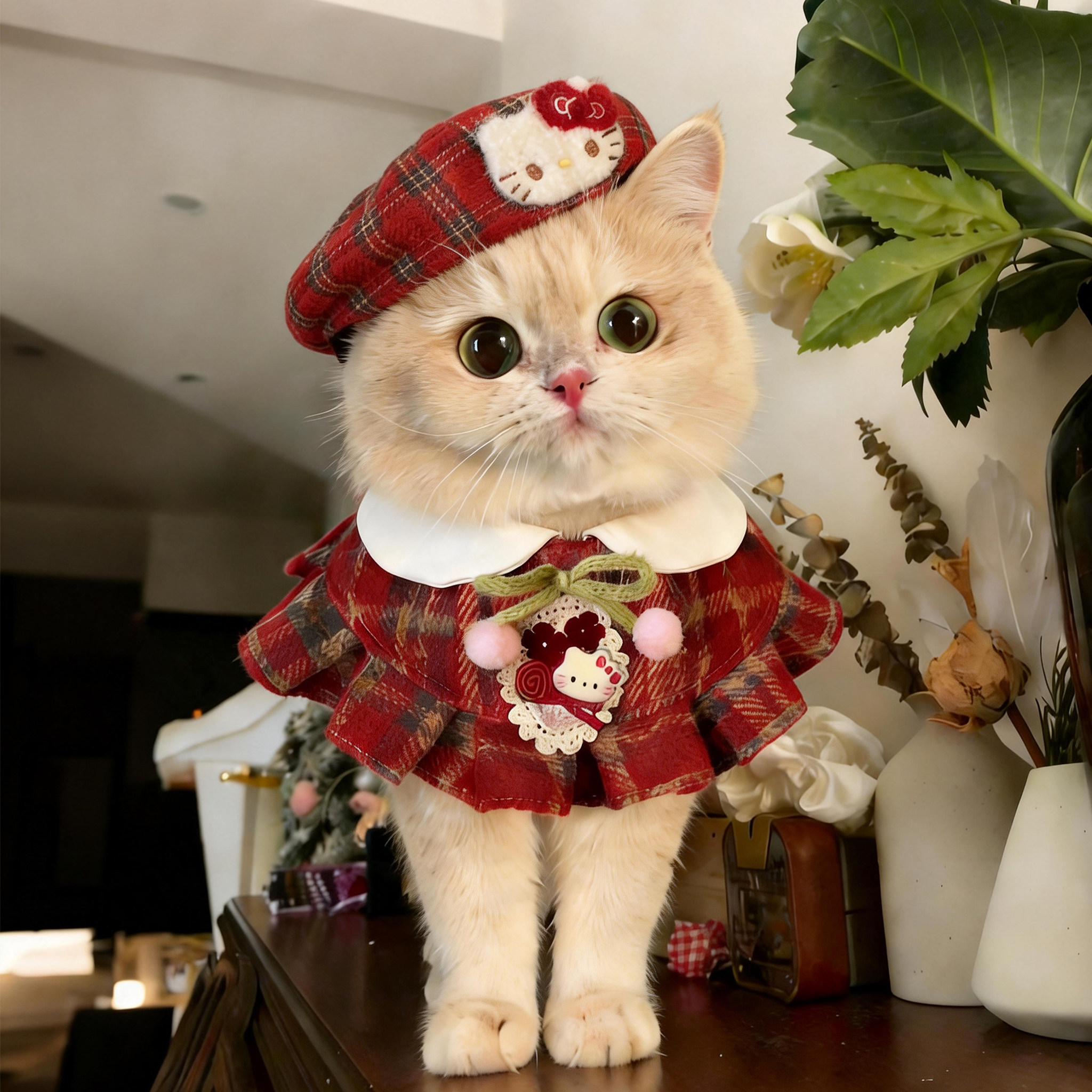 可爱宠物猫咪围脖格子披肩口水巾帽子套装小型犬比熊泰迪衣服2026