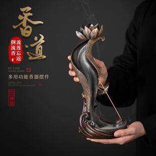 高山流水倒流檀香炉荷韵香薰炉创意禅意摆件家用线香客厅家居复古