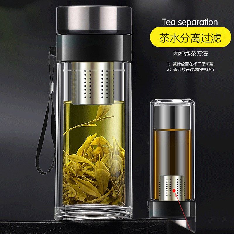精选加厚茶水分离玻璃杯子双层隔热耐高温广告杯泡茶水杯单双层玻,餐饮具,玻璃杯,淘宝优惠券,粉丝福利购,淘宝优惠卷