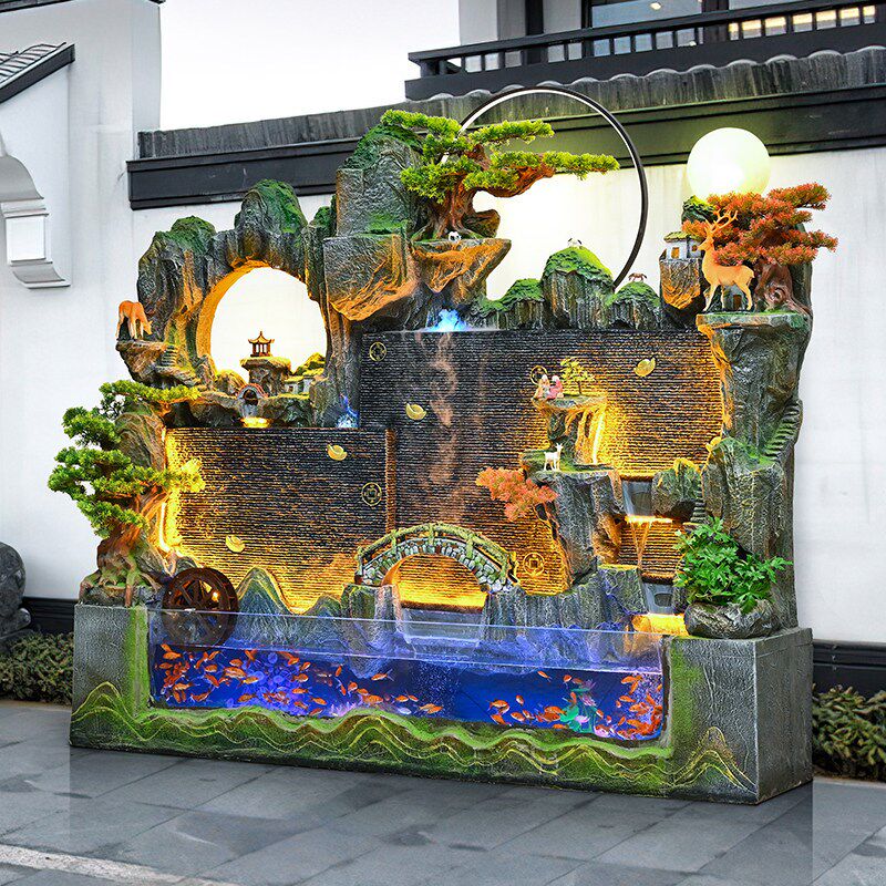 大型假山瀑布水幕墙 流水屏风背景墙 户外室内循环水景鱼缸摆件