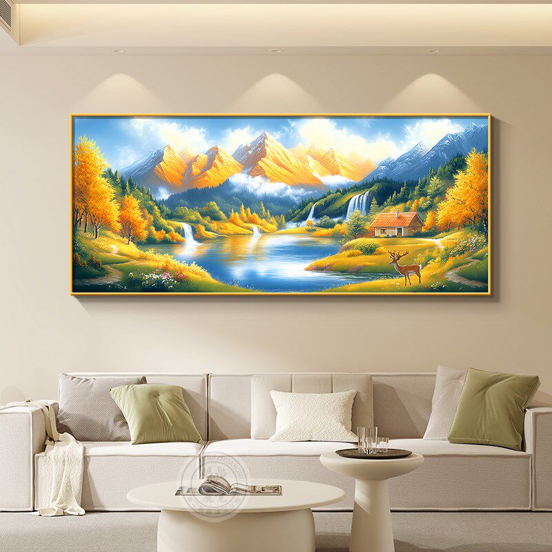 客厅高档山水画简约装饰画背靠聚宝盆大气现代挂画沙发金山背景墙