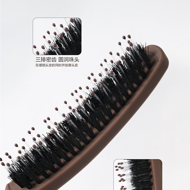 野猪鬃毛梳子,适用于蓬松的高头骨,三排密集的窄齿,美发头,脸和头