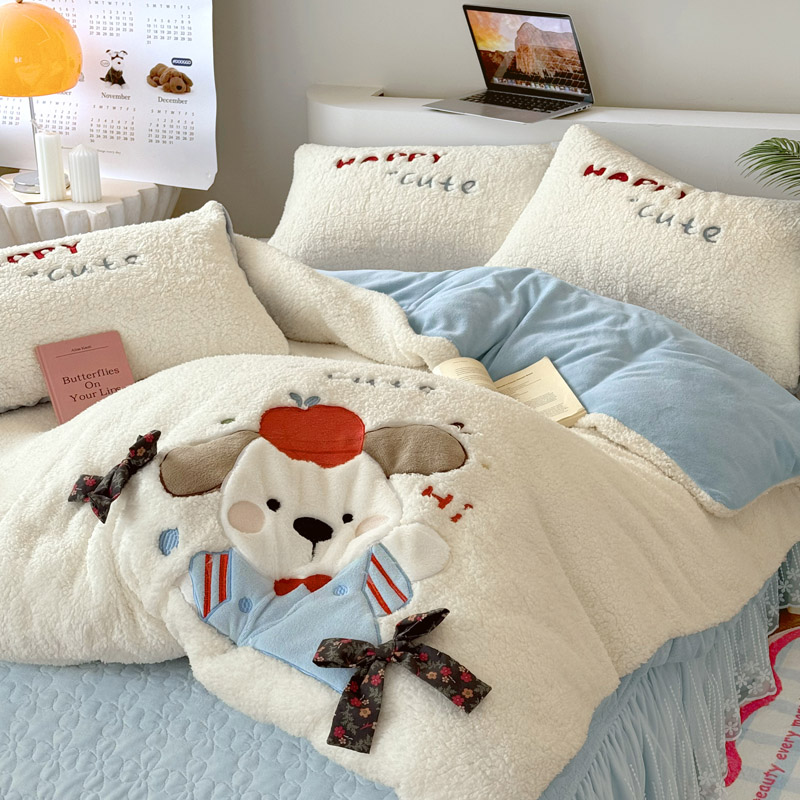 可爱立体贴布绣设计高克重绒细密柔软羊羔绒系列四件套