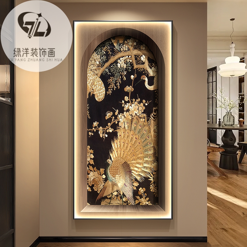 南洋复古风孔雀玄关装饰画花鸟走廊过道挂画客厅入户竖版带灯壁画图片