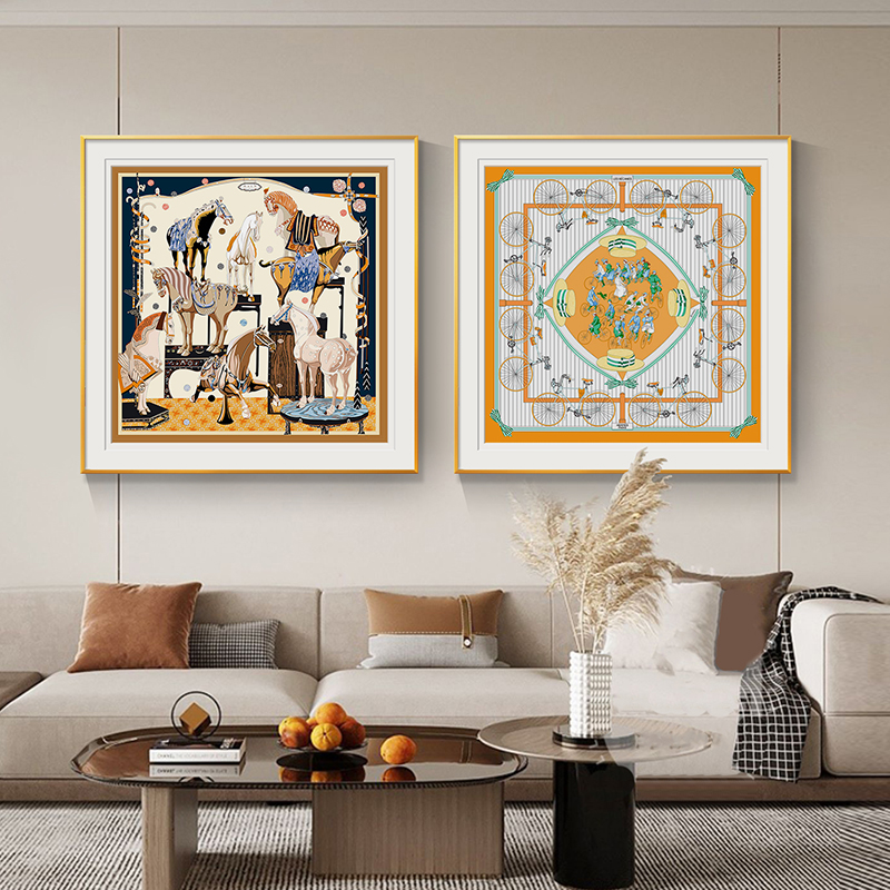 八骏马客厅装饰画现代轻奢橙色中古褐组合沙发背景墙面画丝巾挂画图片