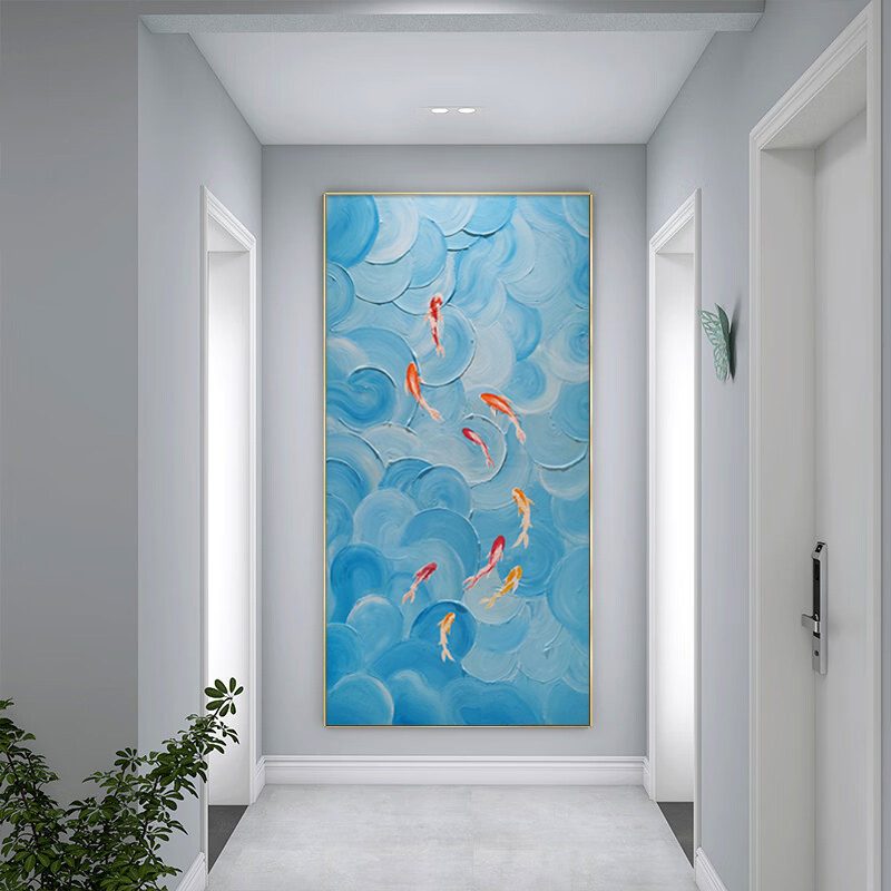 玄关聚财九鱼图手绘油画客厅蓝色海浪肌理装饰画抽象锦鲤立体挂画图片