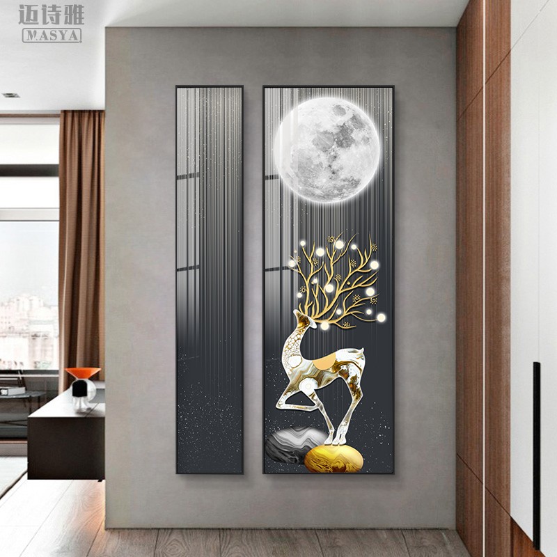 轻奢玄关装饰画抽象麋鹿楼梯口入户高档走廊过道挂画竖版两联壁画图片