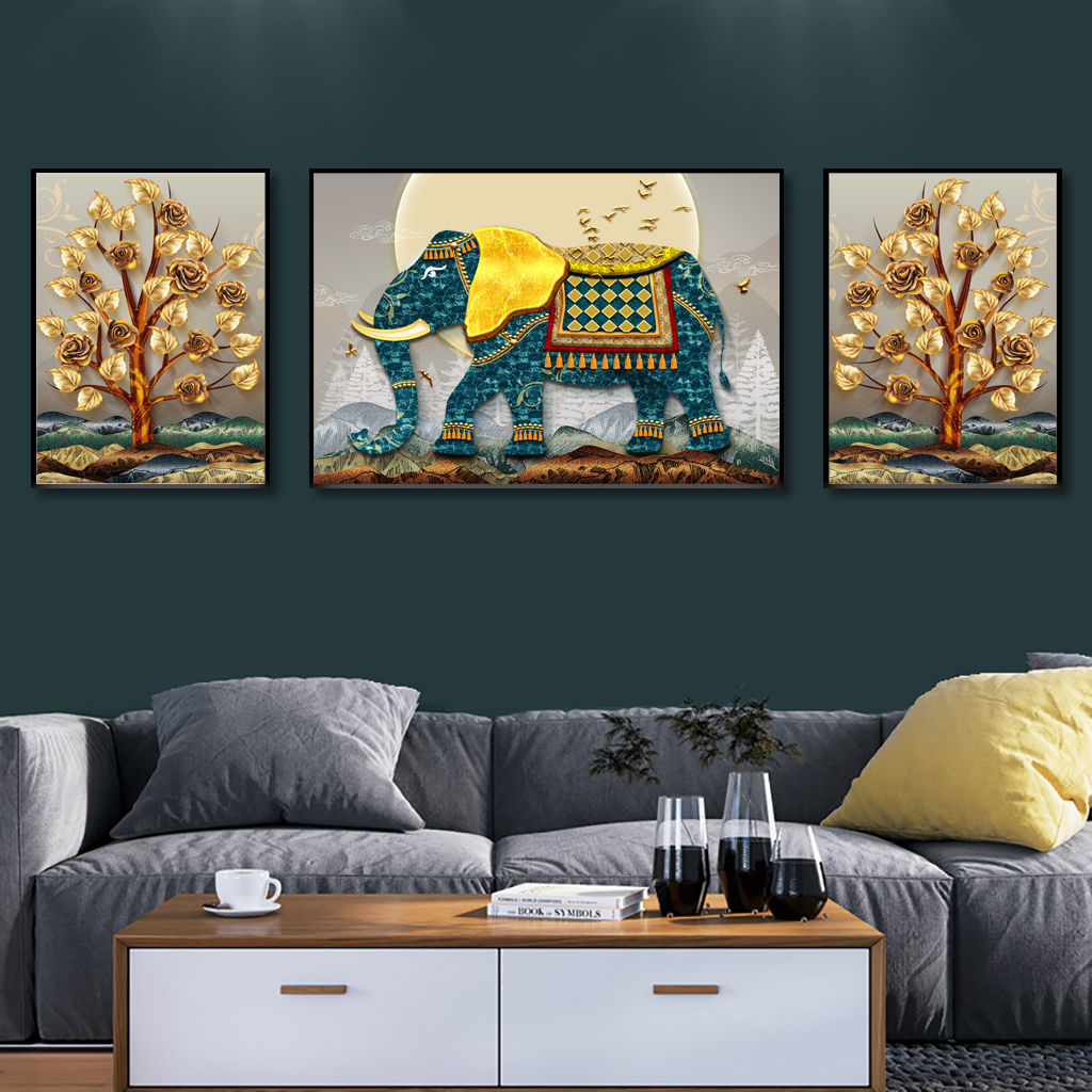 大象客厅装饰画高档时尚晶瓷三联壁画现代轻奢沙发背景墙挂画图片