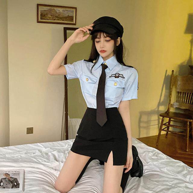 擦边职业装空姐制服套装女夏季职业装短袖衬衣+性感包臀短裙工作