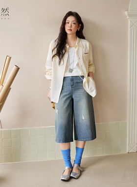 时然大码蕾丝阔腿裤微胖mm女装新品牛仔裤遮肉显瘦甜酷复古七分裤