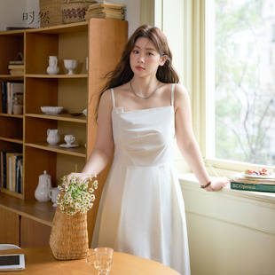 微胖MM高腰遮跨显瘦飘逸仙女裙 白色吊带连衣裙女春季 时然大码 女装