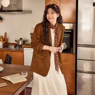 外套25秋新款 棕色西装 高级感微胖mm美拉德麂皮绒上衣 女装 时然大码