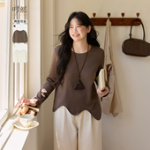 胖mm正肩遮肚显瘦打底衫 时然大码 上衣 T恤25秋季 新款 女装 波浪长袖