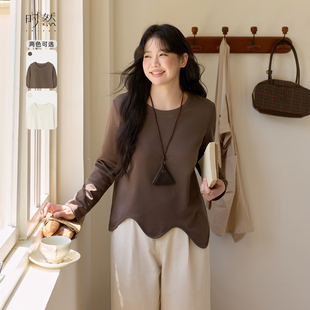 女装 胖mm正肩遮肚显瘦打底衫 波浪长袖 新款 上衣 T恤25秋季 时然大码