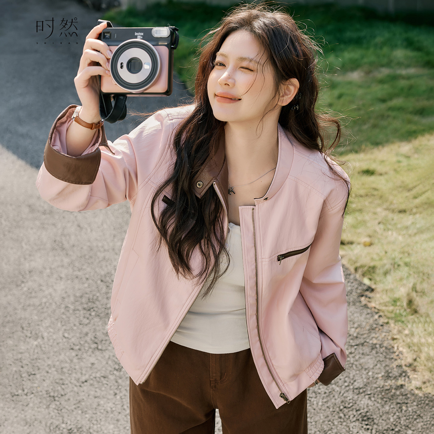 时然大码粉色甜酷皮衣微胖mm女装撞色短款外套春季新品夹克宽松型,女装/女士精品,常规大码外套,淘宝优惠券,粉丝福利购,淘宝优惠卷