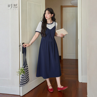 时然微胖大码假两件连衣裙2026夏季新款通勤简约休闲显瘦撞色裙子