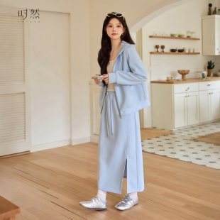 女装 时然大码 套装 卫衣裙子时尚 长裙 开叉高腰半身裙微胖mm春秋新品