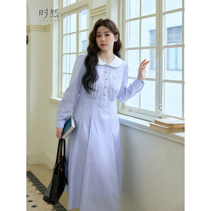时然大码微胖MM26年春季新款洋气百搭收腰显瘦遮肉条纹长袖连衣裙