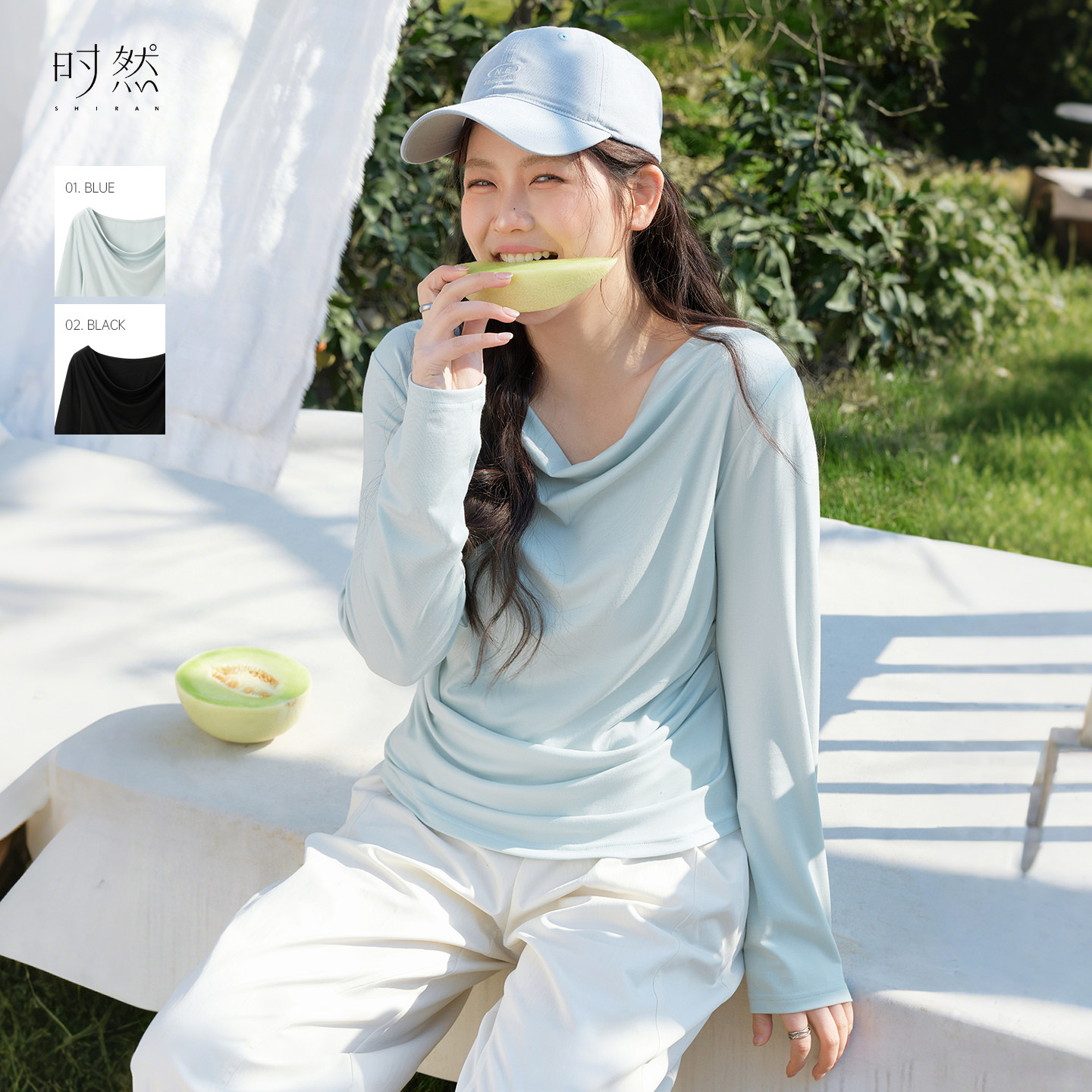 时然大码温柔荡领T恤微胖mm宽松V领打底衫纯欲风春季女装上衣纯色