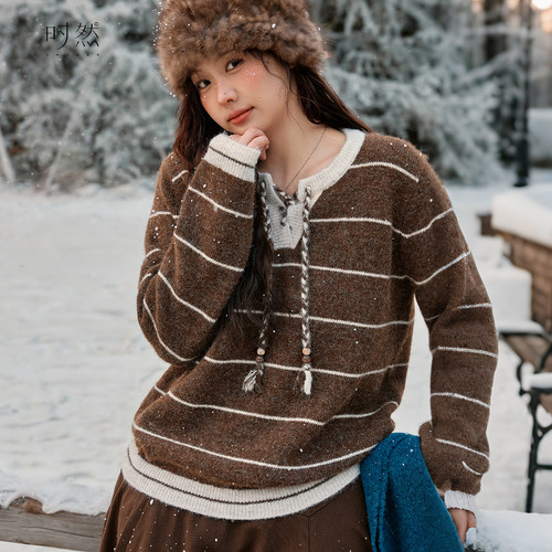 时然大码条纹针织衫复古抽绳毛衣
