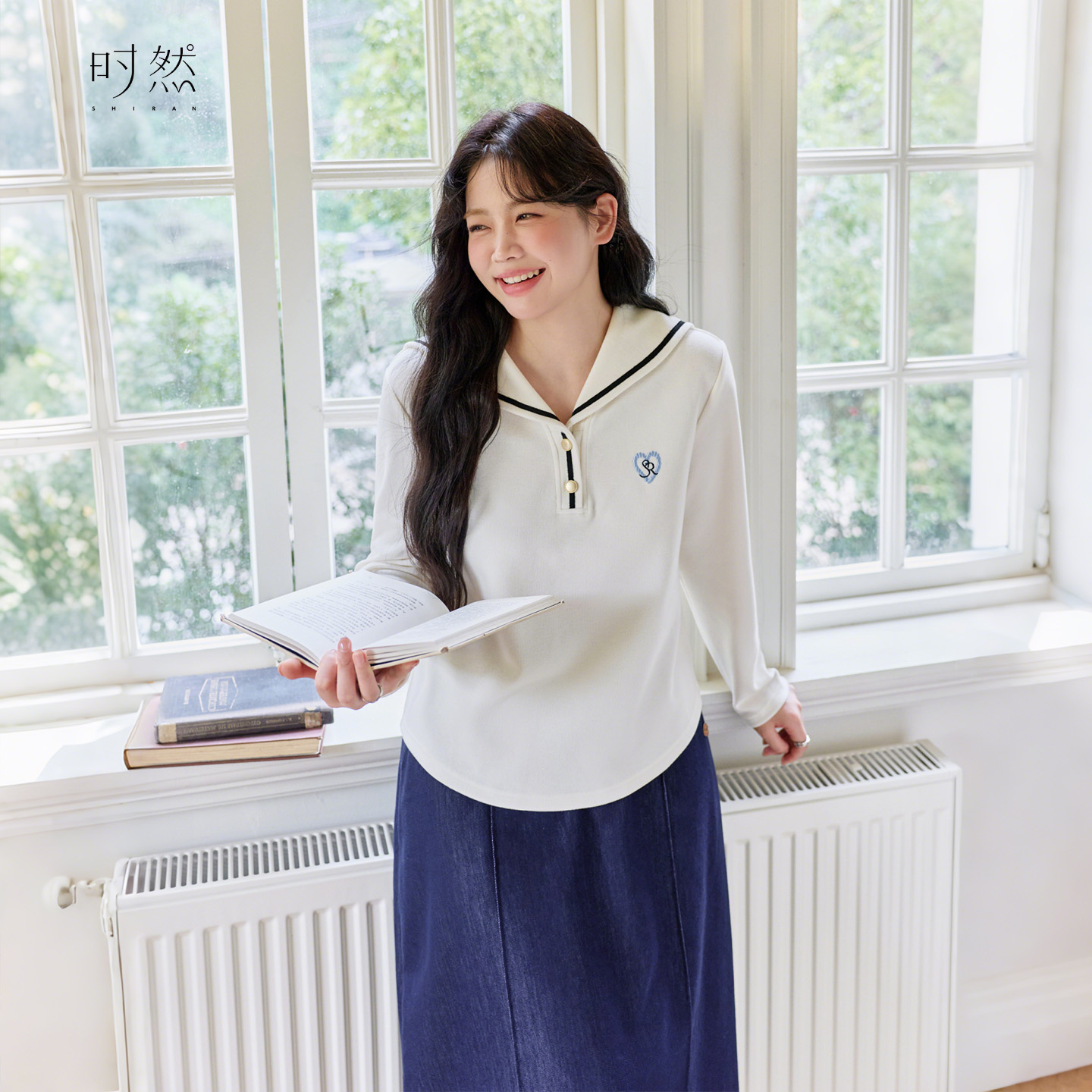 新款海军领正肩长袖时尚显瘦T恤