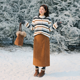 时然大码 加厚复古休闲半裙高腰通勤A字裙 麂皮半身裙微胖mm冬女装