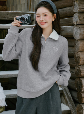 时然大码刺绣加绒卫衣微胖mm冬季女装撞色上衣显瘦正肩新款宽松